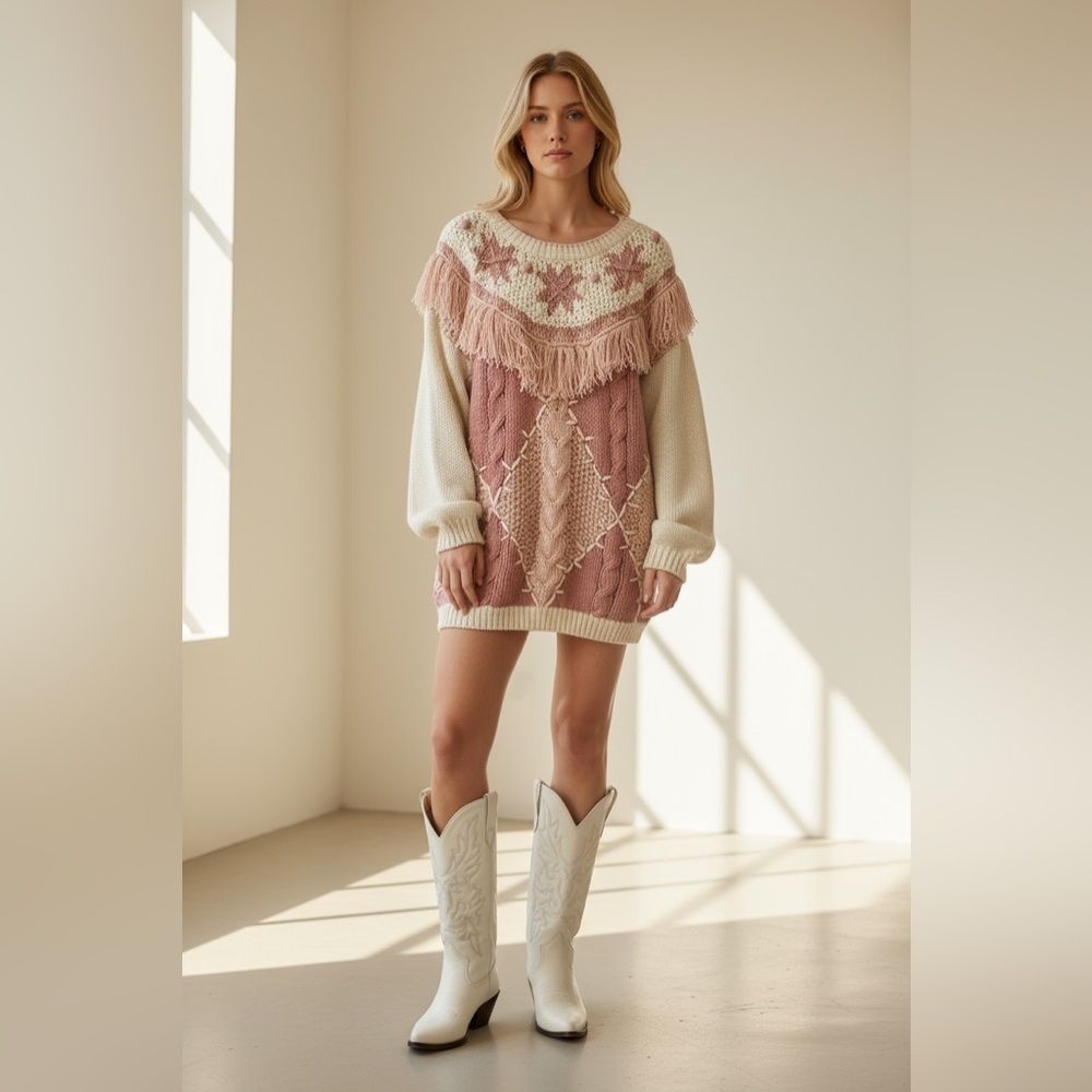 Vintage Kimberly Hope Chunky Knit Fringe Sweater Pink Cream Western Boho Size L